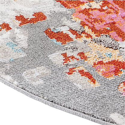 SAFAVIEH Monaco Collection Area Rug - 6'7" Round, Grey & Orange, Boho Chic Abstract Watercolor Design, Non-Shedding & Easy Care, Ideal for High Traffic Areas in Living Room, Bedroom (MNC225H)