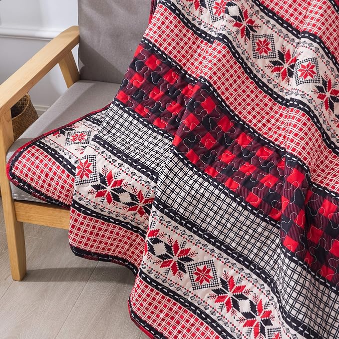 Soul & Lane Season of Joy 50" x 60" Throw Blanket: Farmhouse Décor Christmas Plaid Quilt, Lightweight Quilted Lap Comforter for Sofa and Bed, Red Buffalo Checkered Blanket, Cabin Décor Coverlet