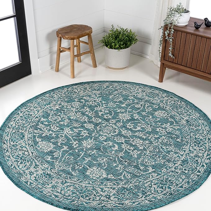 JONATHAN Y Weave Floral Indoor Outdoor Round Area Rug 8 Ft Teal/Gray, Tela Bohemian Textured for Backyard, Patio, Porch, Easy-Cleaning, High Traffic, Pet-Friendly, Non-Shedding (SMB100C-8R)