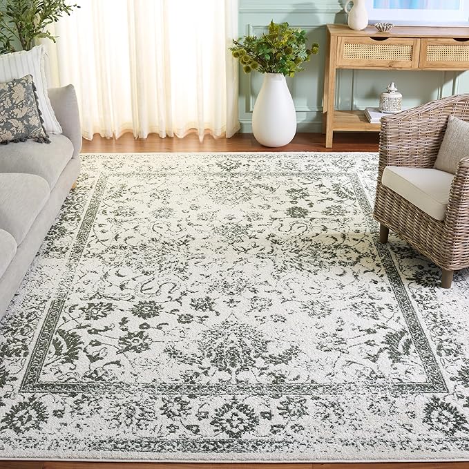 SAFAVIEH Area Rug 8x10 - Adirondack Collection - Large - Ivory & Dark Green, Distressed Vintage Floral Design, Non-Shedding & Easy to Clean, Ideal for Living Room, Bedroom, Dining Space (ADR109X)