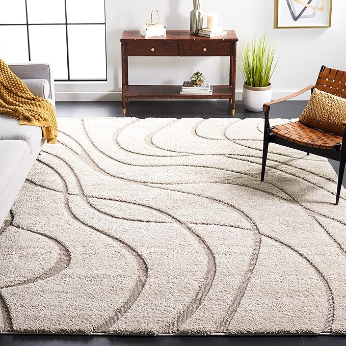 SAFAVIEH Florida Shag Collection X-Large Area Rug - 11' x 15', Cream & Beige, Non-Shedding & Easy Care, 1.2-inch Thick Ideal for High Traffic Areas in Living Room, Bedroom (SG471-1113)