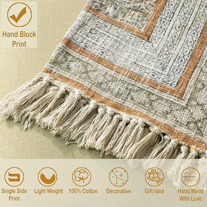 100% Pure Cotton Handblock Printed Throw Blanket, Soft 50" x 60" Fringed Floral Print Throw for Couch, Sofa, Chair, Bed - Cozy, Machine Washable, Comfortable Home Decor