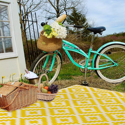 FH Home Outdoor Rug - Waterproof, Fade Resistant, Reversible - Premium Recycled Plastic - Geometric - Patio, Porch, Deck, Balcony - Aztec - Yellow & White Crease Free - 5 x 8 ft