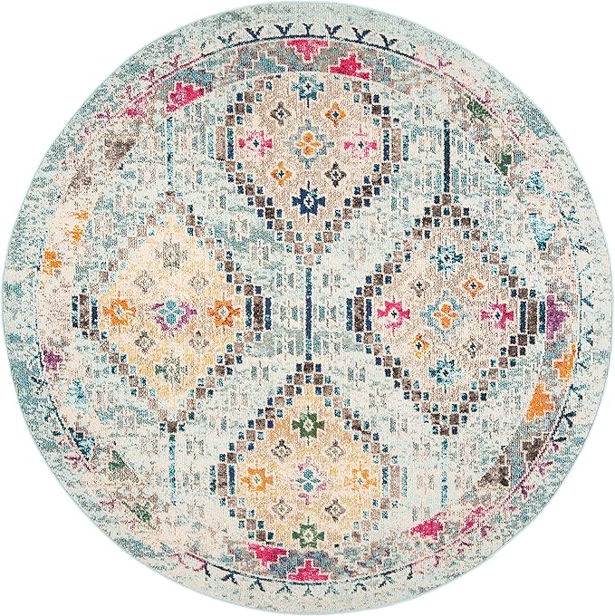 SAFAVIEH Madison Collection 3' Round Blue / Yellow MAD418K Boho Diamond Distressed Non-Shedding Dining Room Entryway Foyer Living Room Bedroom Area Rug