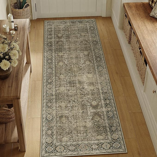 Light Brown 2x5 Vintage Area Rug Hallway Indoor Kitchen Washable Living Room Carpet Tribal Distressed Rug Retro Accent Throw Rug for Office Dining Room Bathroom Faux Wool