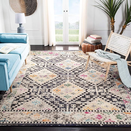 SAFAVIEH Madison Collection Area Rug - 3' Square, Black & Yellow, Boho Diamond Distressed Design, Non-Shedding & Easy Care, Ideal for High Traffic Areas in Living Room, Bedroom (MAD418Z)