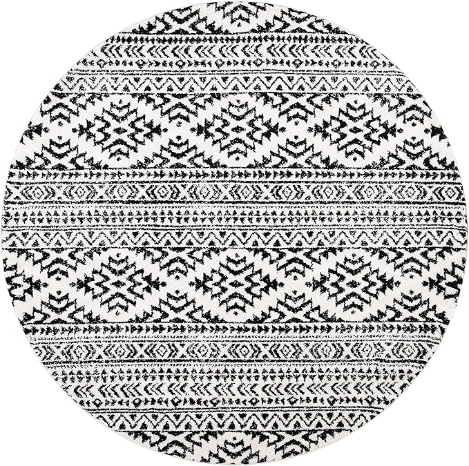 SAFAVIEH Tulum Collection Area Rug - 8' Round, Ivory & Black, Moroccan Boho Tribal Design, Non-Shedding & Easy to Clean, Ideal for Living Room, Bedroom, Dining Space (TUL272B)
