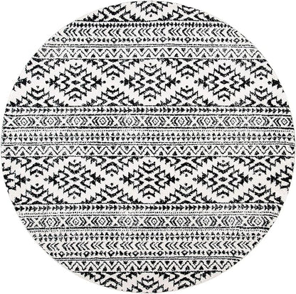 SAFAVIEH Tulum Collection Area Rug - 8' Round, Ivory & Black, Moroccan Boho Tribal Design, Non-Shedding & Easy to Clean, Ideal for Living Room, Bedroom, Dining Space (TUL272B)