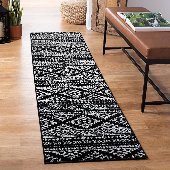 SAFAVIEH Tulum Collection Runner Rug - 2' x 15', Black & Ivory, Moroccan Boho Tribal Design, Non-Shedding & Easy to Clean, Ideal for Living Room, Hallway, Foyer, Bedroom (TUL272Z)
