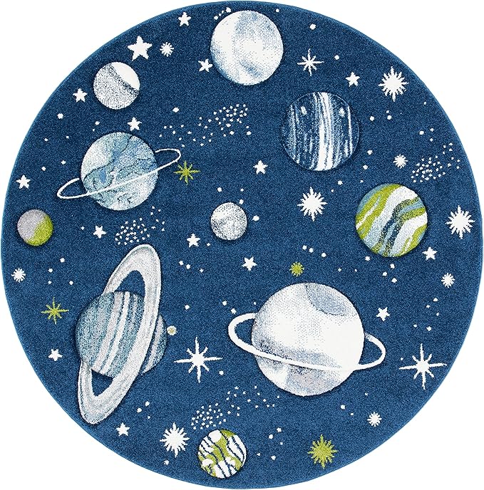 SAFAVIEH Carousel Kids Collection Area Rug - 8' Round, Navy & Ivory, Non-Shedding & Easy Care, Ideal for High Traffic Areas for Boys & Girls in Playroom, Nursery, Bedroom (CRK103N)