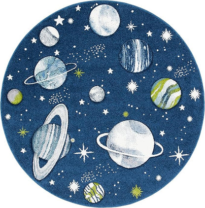 SAFAVIEH Carousel Kids Collection Area Rug - 5'3" Round, Navy & Ivory, Non-Shedding & Easy Care, Ideal for High Traffic Areas for Boys & Girls in Playroom, Nursery, Bedroom (CRK103N)