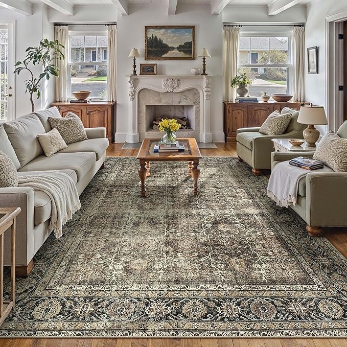 Vintage Area Rug 10x12 Brown Washable Living Room Large Carpet Non Slip Bedroom Indoor Office Low Pile Traditional Distressed Retro Accent Rug for Dining Room