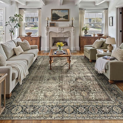 Vintage Area Rug 10x12 Brown Washable Living Room Large Carpet Non Slip Bedroom Indoor Office Low Pile Traditional Distressed Retro Accent Rug for Dining Room