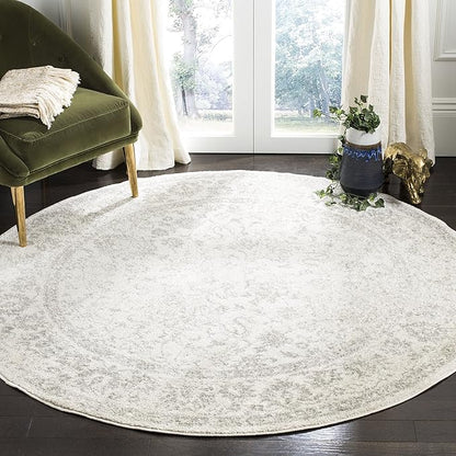 SAFAVIEH Adirondack Collection Area Rug - 6' Round, Ivory & Silver, Distressed Vintage Floral Design, Non-Shedding & Easy to Clean, Ideal for Living Room, Bedroom, Dining Space (ADR109C)