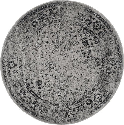 SAFAVIEH Adirondack Collection Area Rug - 4' Round, Grey & Black, Distressed Vintage Floral Design, Non-Shedding & Easy to Clean, Ideal for Living Room, Bedroom, Dining Space (ADR109B)