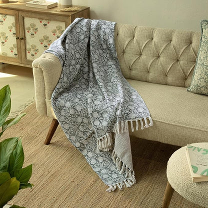 100% Pure Cotton Handblock Printed Throw Blanket, Soft 50" x 60" Fringed Floral Print Throw for Couch, Sofa, Chair, Bed - Cozy, Machine Washable, Comfortable Home Decor