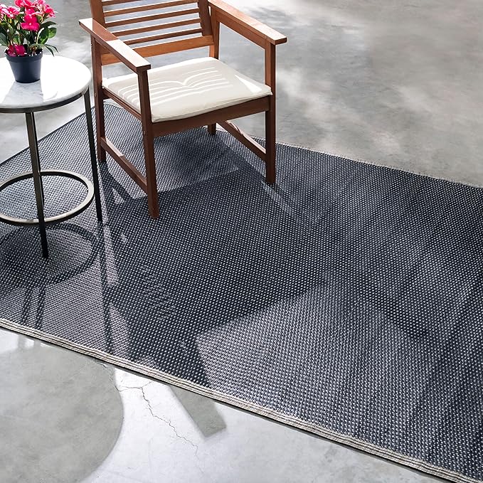 Fab Habitat Outdoor Rug - Waterproof, Fade Resistant, Crease-Free - Premium Recycled Plastic - Neutral Striped - Patio, Porch, Deck, Balcony - Cancun Shadow - Sand & Black - 5 x 8 ft