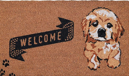 Coir Door Mats 17" X 30", Non-Slip Sturdy, PVC Backed Heavy Duty, Easy to Clean, Ideal for Door Entrance, Patio, Porch, Backyard, Garages, Cute Little Puppy Welcome
