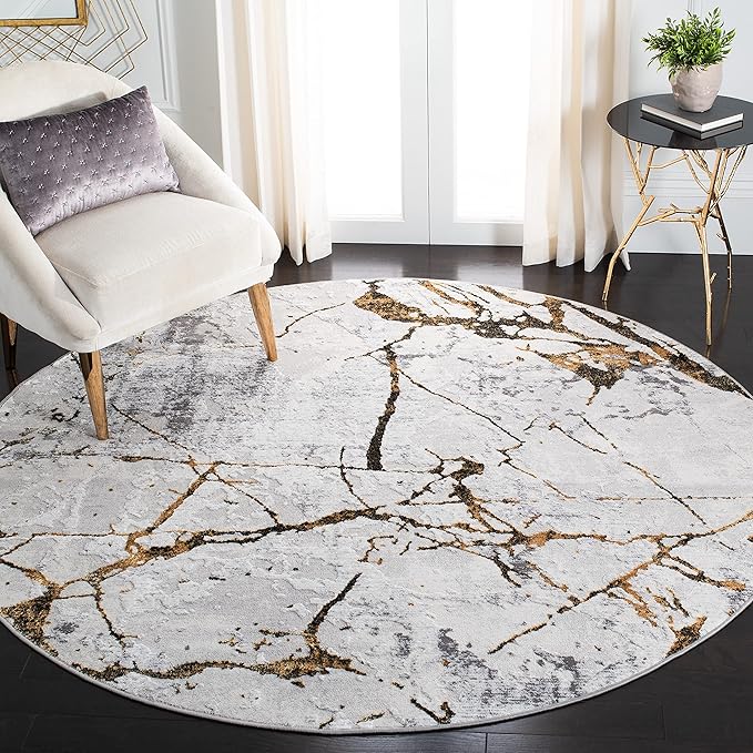 SAFAVIEH Amelia Collection Area Rug - 10' Round, Grey & Gold, Modern Abstract Design, Non-Shedding & Easy Care, Ideal for High Traffic Areas in Living Room, Bedroom (ALA293G)