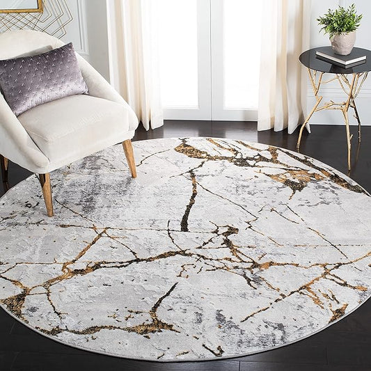 SAFAVIEH Amelia Collection 6'7" Round Grey / Gold ALA293G Modern Abstract Non-Shedding Dining Room Entryway Foyer Living Room Bedroom Area Rug