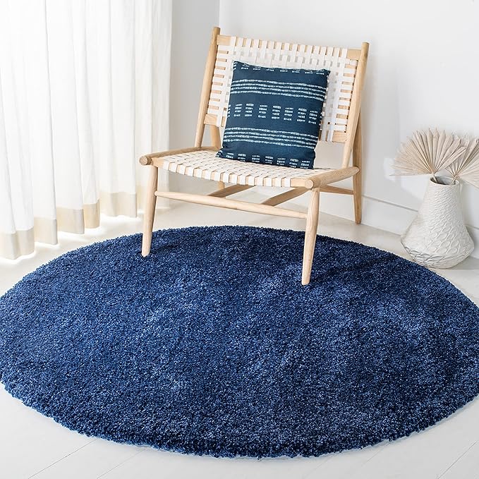 SAFAVIEH Milan Shag Collection Area Rug - 5'1" Round, Navy, Solid Design, Non-Shedding & Easy Care, 2-inch Thick Ideal for High Traffic Areas in Living Room, Bedroom (SG180-7070)