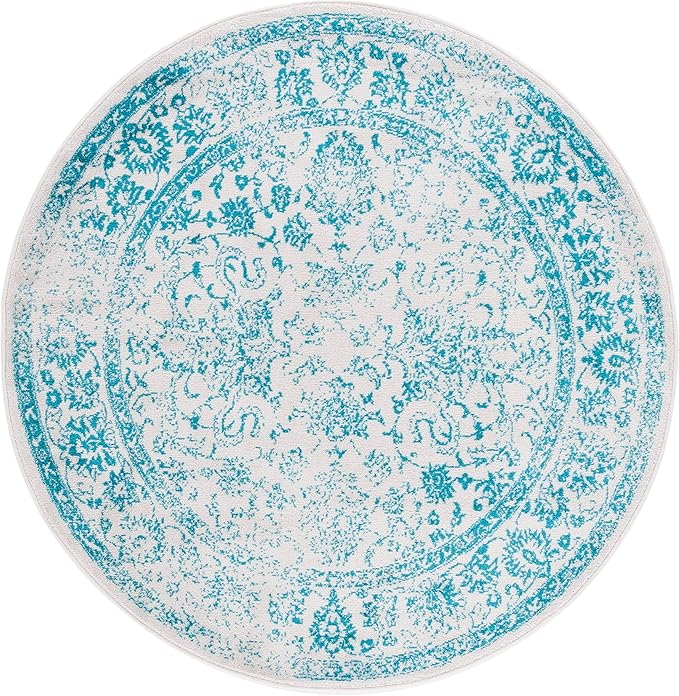 SAFAVIEH Adirondack Collection Area Rug - 6' Round, Ivory & Teal, Distressed Vintage Floral Design, Non-Shedding & Easy to Clean, Ideal for Living Room, Bedroom, Dining Space (ADR109D)
