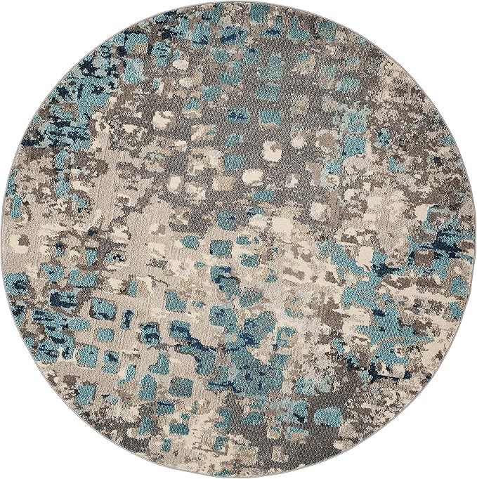 SAFAVIEH Monaco Collection Area Rug - 8'8" Round, Grey & Light Blue, Boho Chic Abstract Watercolor Design, Non-Shedding & Easy Care, Ideal for High Traffic Areas in Living Room, Bedroom (MNC225E)