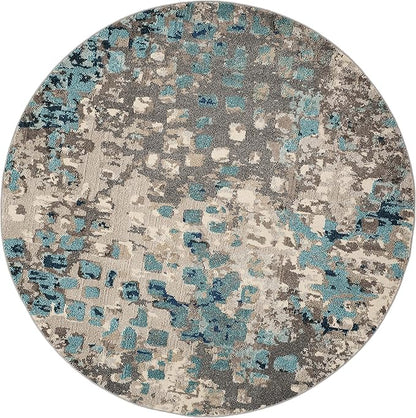 SAFAVIEH Monaco Collection Area Rug - 6'7" Round, Grey & Light Blue, Boho Chic Abstract Watercolor Design, Non-Shedding & Easy Care, Ideal for High Traffic Areas in Living Room, Bedroom (MNC225E)