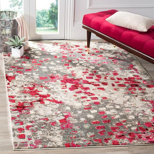 SAFAVIEH Monaco Collection Area Rug - 5'1" x 7'7", Grey & Fuchsia, Boho Chic Abstract Watercolor Design, Non-Shedding & Easy Care, Ideal for High Traffic Areas in Living Room, Bedroom (MNC225R)