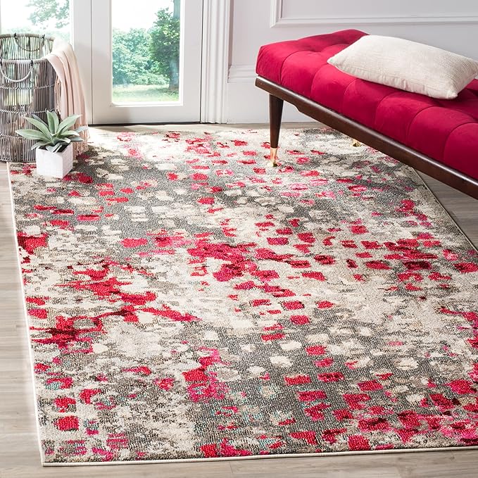 SAFAVIEH Monaco Collection Accent Rug - 4' x 5'7", Grey & Fuchsia, Abstract Watercolor Design, Non-Shedding & Easy Care, Ideal for High Traffic Areas in Entryway, Living Room, Bedroom (MNC225R)