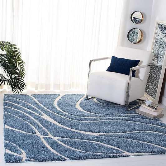 SAFAVIEH Florida Shag Collection Area Rug - 6'7" Square, Light Blue & Cream, Non-Shedding & Easy Care, 1.2-inch Thick Ideal for High Traffic Areas in Living Room, Bedroom (SG471-6011)