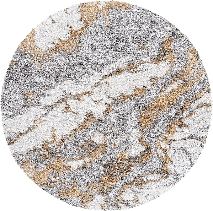 SAFAVIEH Horizon Shag Collection Area Rug - 8' Round, Grey & Gold, Modern Abstract Design, Non-Shedding & Easy Care, 2.6-inch Thick Ideal for High Traffic Areas in Living Room, Bedroom (HZN890D)