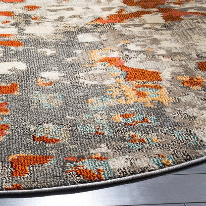 SAFAVIEH Monaco Collection Area Rug - 8'8" Round, Grey & Orange, Boho Chic Abstract Watercolor Design, Non-Shedding & Easy Care, Ideal for High Traffic Areas in Living Room, Bedroom (MNC225H)