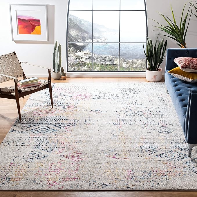 SAFAVIEH Tulum Collection Area Rug - 6'7" Square, Ivory & Blue, Moroccan Boho Tribal Design, Non-Shedding & Easy to Clean, Ideal for Living Room, Bedroom, Dining Space (TUL272C)