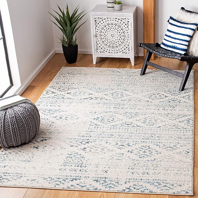 SAFAVIEH Area Rug 8x10 - Tulum Collection - Large - Ivory & Turquoise, Moroccan Boho Tribal Design, Non-Shedding & Easy to Clean, Ideal for Living Room, Bedroom, Dining Space (TUL272E)