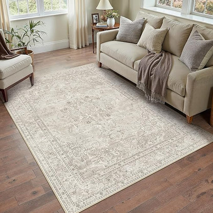 Beige 4x6 Area Rug Washable Vintage Carpet for Office Living Room Soft Retro Floral Low Pile Thin Indoor Rug Non Slip Central Medallion Floor Cover for Bedroom Kitchen Dining Room