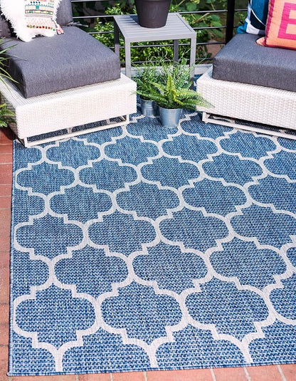 Unique Loom Outdoor Trellis Collection Area Rug (7' 10" x 11' 4" Rectangle, Navy Blue/ Ivory)