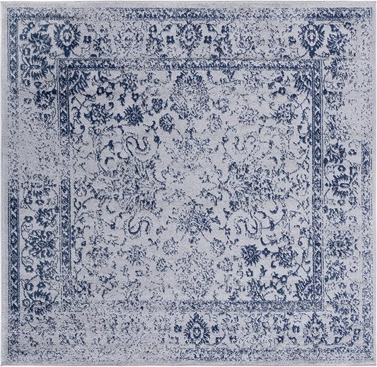 SAFAVIEH Adirondack Collection Area Rug - 6' Square, Grey & Navy, Distressed Vintage Floral Design, Non-Shedding & Easy to Clean, Ideal for Living Room, Bedroom, Dining Space (ADR109P)
