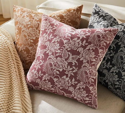Floral Jacquard Throw Pillow Covers Set of 2, Background/Burgundy 22x22 Inch, Farmhouse Decorative Cotton Burgundy Cushion Covers for Sofa Bed Living Room Home Decor