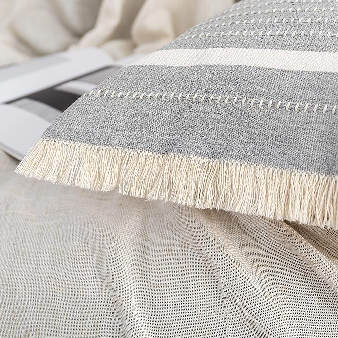 OJIA Modern Throw Pillow Cover with Tassels, Decorative Liana Fringe Accent Cushion Case, Farmhouse Woven Pillowcase for Sofa Chair Couch Bed Decor (Lumbar 12 x 20 Inches, Grey)