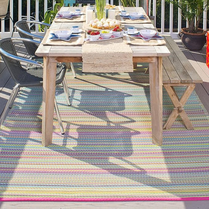 Fab Habitat Outdoor Rug - Waterproof, Fade Resistant, Crease-Free - Premium Recycled Plastic - Striped - Large Patio, Deck, Sunroom, Camping, RV - Cancun - Candy - 6 x 9 ft