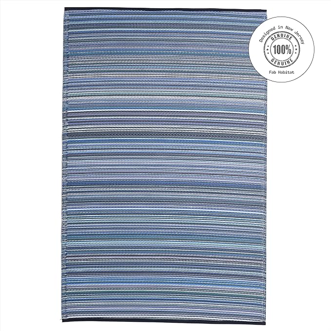 Fab Habitat Outdoor Rug - Waterproof, Fade Resistant, Crease-Free - Premium Recycled Plastic - Striped - Large Patio, Deck, Sunroom, Camping, RV - Cancun - Indigo - 6 x 9 ft