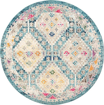 SAFAVIEH Madison Collection 3' Round Dark Blue / Yellow MAD418N Boho Diamond Distressed Non-Shedding Dining Room Entryway Foyer Living Room Bedroom Area Rug