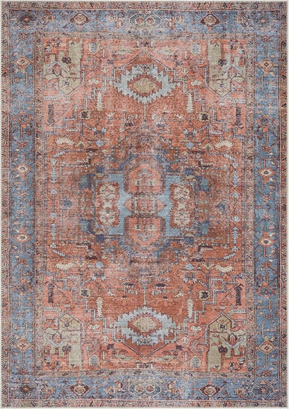 Bloom Rugs Washable Non-Slip 2' x 3' Rug - Terracotta/Blue Traditional Oriental Area Rug for Living Room, Bedroom, Dining Room, and Kitchen - Exact Size: 2' x 3'