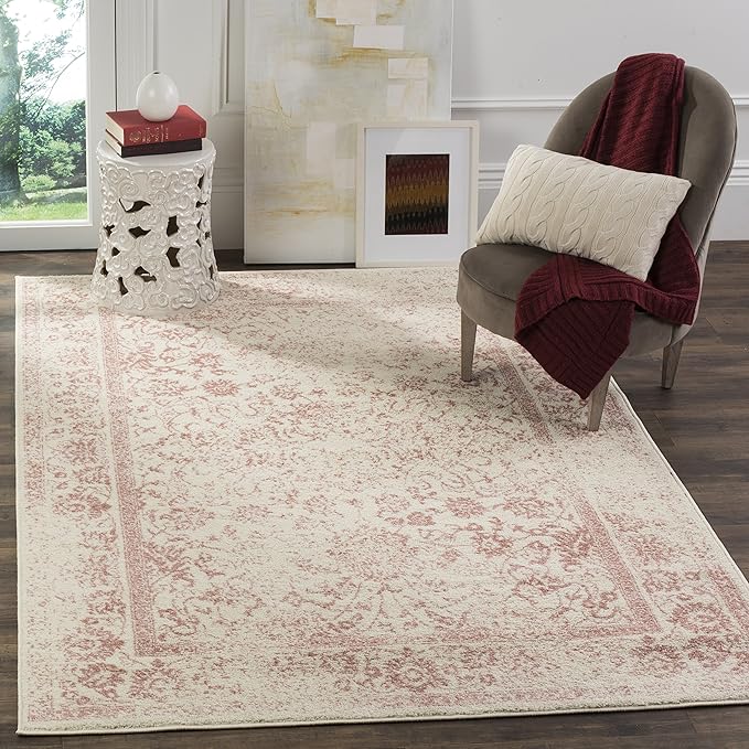 SAFAVIEH Adirondack Collection Area Rug - 5' Square, Ivory & Rose, Distressed Vintage Floral Design, Non-Shedding & Easy to Clean, Ideal for Living Room, Bedroom, Dining Space (ADR109H)