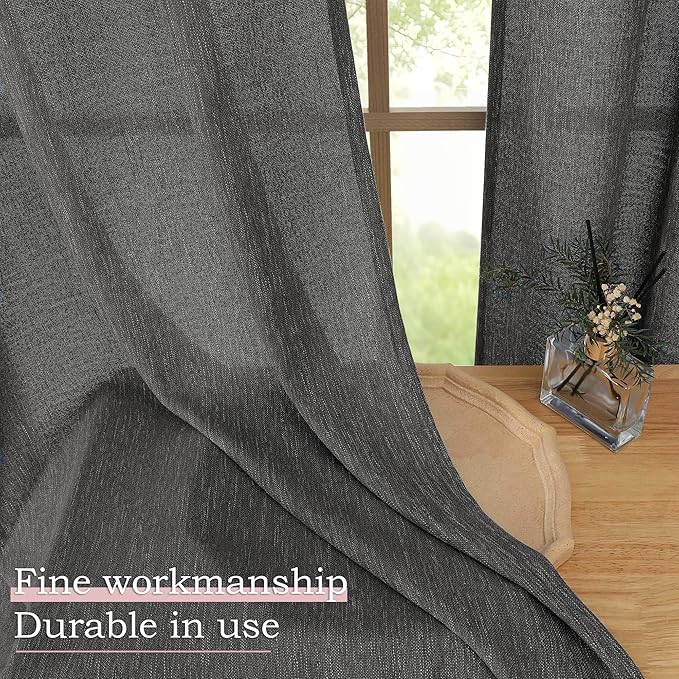 Simplebrand Grey Semi Sheer Faux Linen Textured Curtains 84 Inches Long 2 Panels, Light Filtering Farmhouse Bedroom Curtains, Farmhouse Rod Pocket Soft Thick Window Drapes for Living Room, 50Wx84L