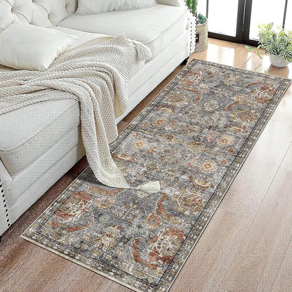 RUGSURE Washable Area Rugs - Perfect for Living Room, Bedroom, Kids Room, Nursery - Stain & Water Resistant Non-Slip, Pet & Child Friendly, Vintage Tribal Area Rugs (Turmeric and Grey, 2'6'' x 8')