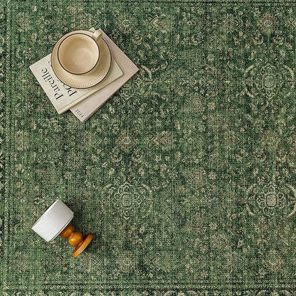 Vintage Area Rug 8x10 Washable Green Living Room Carpet Large Indoor Non Slip Bedroom Low Pile Kitchen Distressed Retro Accent Throw Rug for Dining Room
