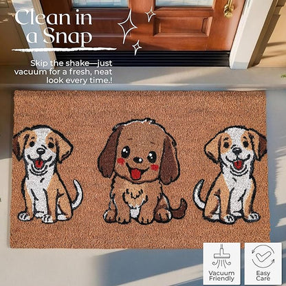 Coir Door Mats 17" X 30", Non-Slip Sturdy, PVC Backed Heavy Duty, Easy to Clean, Ideal for Door Entrance, Patio, Porch, Backyard, Garages, The 3 Cute Musketeer Puppies
