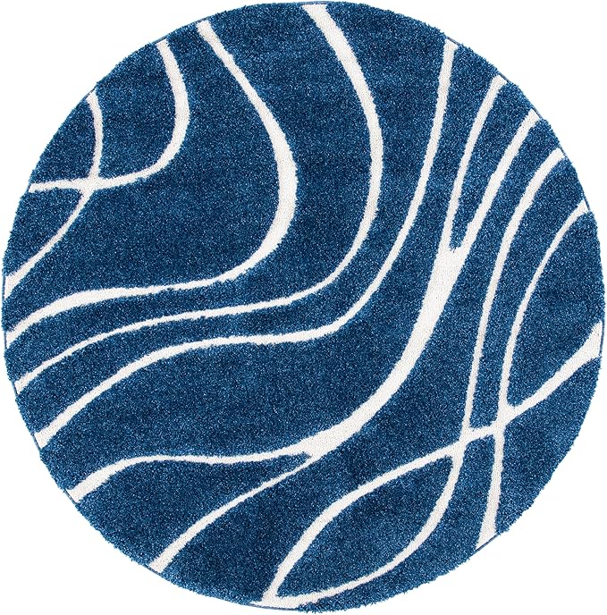 SAFAVIEH Florida Shag Collection Area Rug - 5' Round, Navy & Ivory, Non-Shedding & Easy Cleaning, Plush Thick Pile, Ideal for Living Room, Bedroom, Dining Space (SG471-6512)